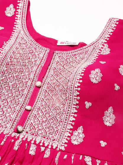 Solid Resham & Sequins Embroidered Gown with Embroidered Dupatta - Fuchsia Pink