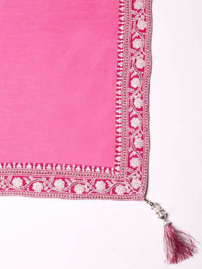Solid Resham & Sequins Embroidered Gown with Embroidered Dupatta - Fuchsia Pink