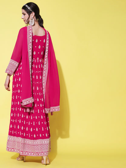 Solid Resham & Sequins Embroidered Gown with Embroidered Dupatta - Fuchsia Pink