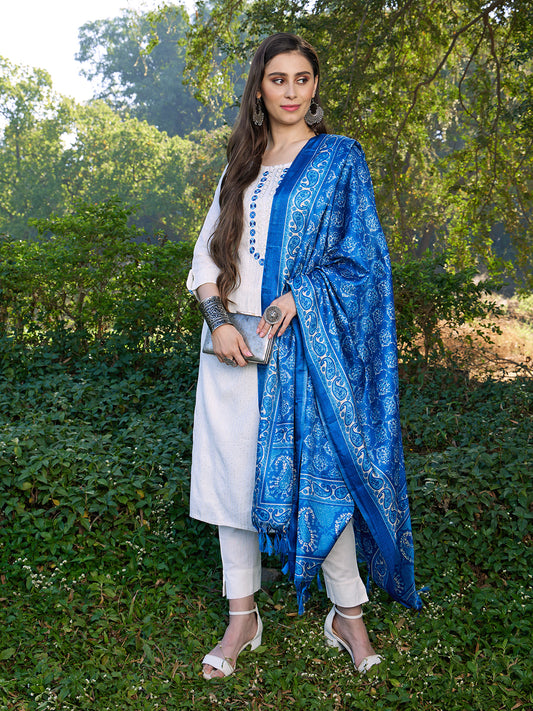 Ethnic Embroidered Straight Fit Kurta with Pants & Dupatta - Off White