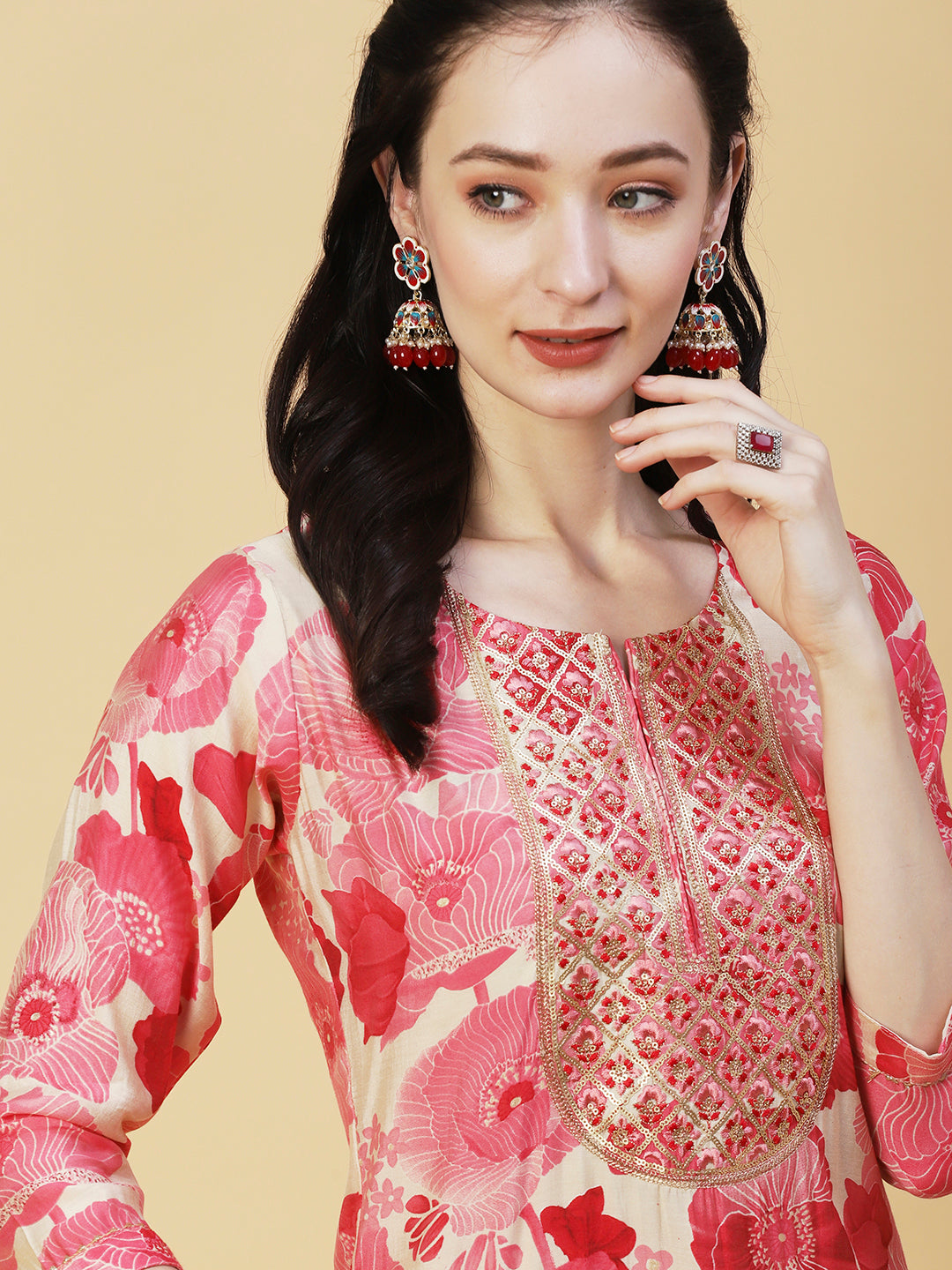 Abstract Floral Printed & Embroidered Straight Fit Kurta - Pink