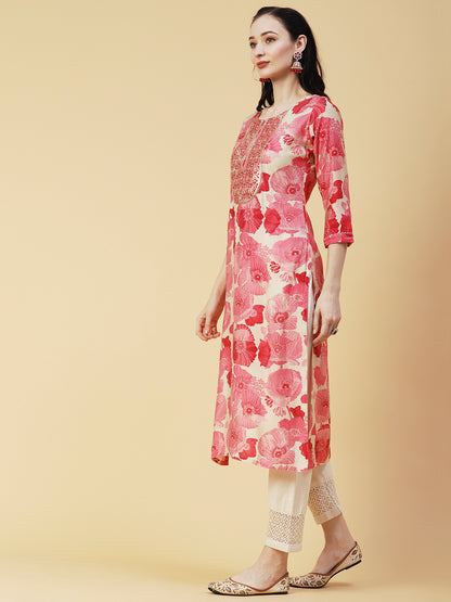 Abstract Floral Printed & Embroidered Straight Fit Kurta - Pink