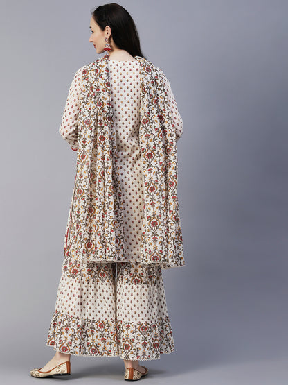 Floral Block Printed Mirror Embroidered Kurta With Printed Sharara & Dupatta - Off-White