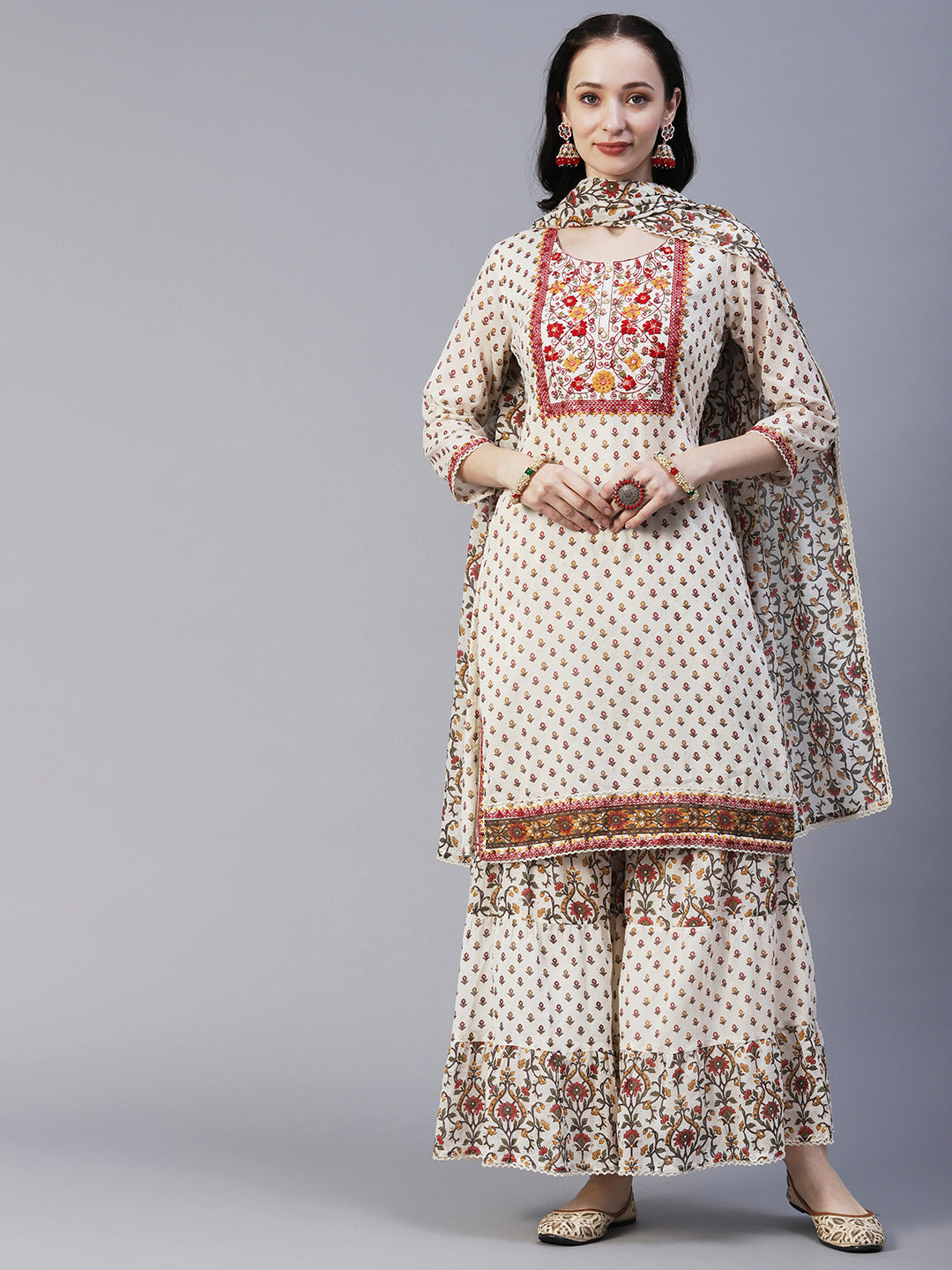 Floral Block Printed Mirror Embroidered Kurta With Printed Sharara & Dupatta - Off-White