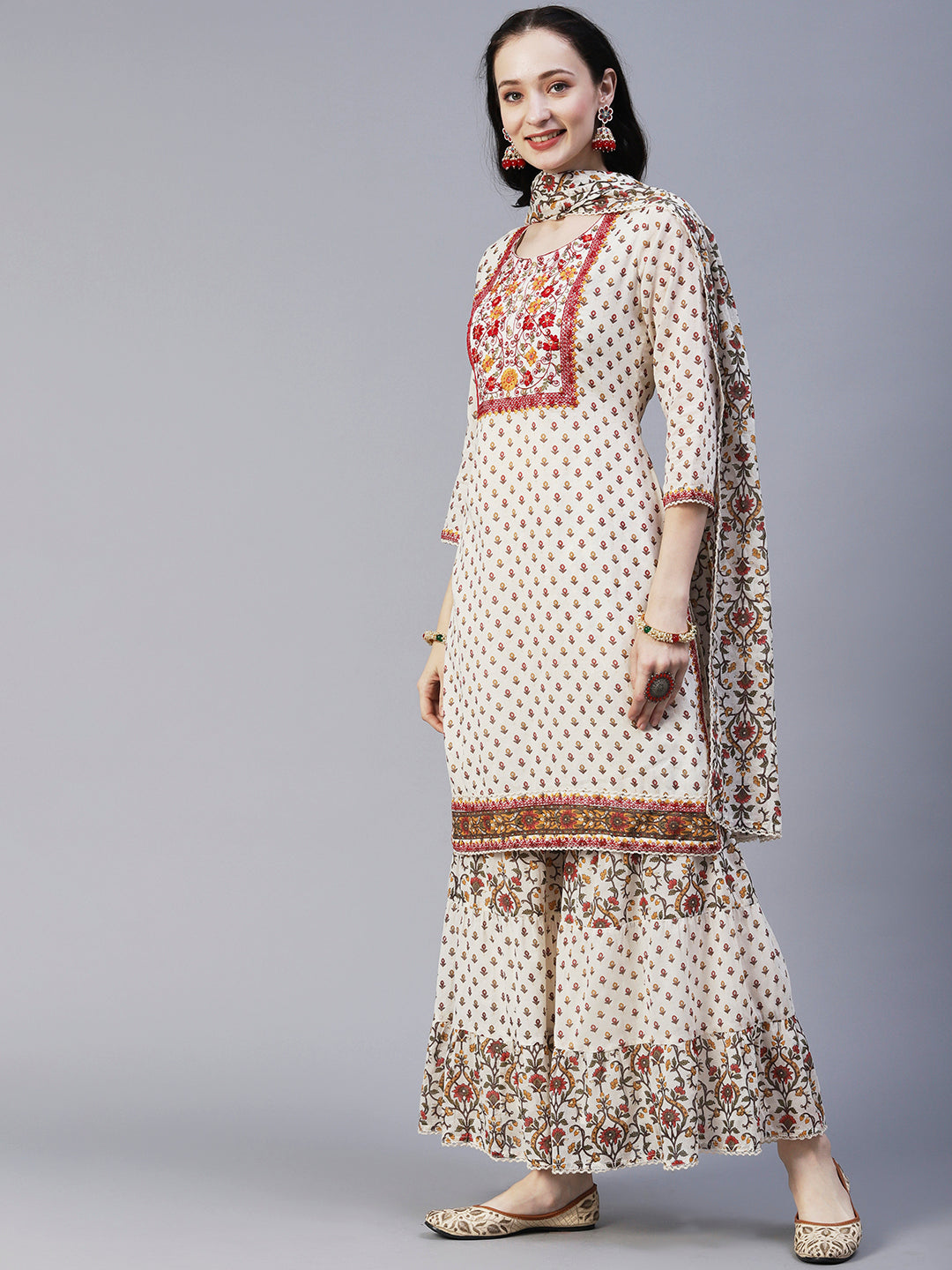 Floral Block Printed Mirror Embroidered Kurta With Printed Sharara & Dupatta - Off-White