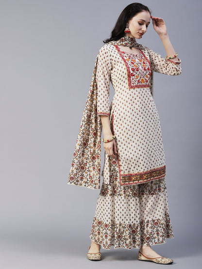 Floral Block Printed Mirror Embroidered Kurta With Printed Sharara & Dupatta - Off-White