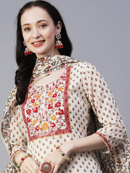 Floral Block Printed Mirror Embroidered Kurta With Printed Sharara & Dupatta - Off-White