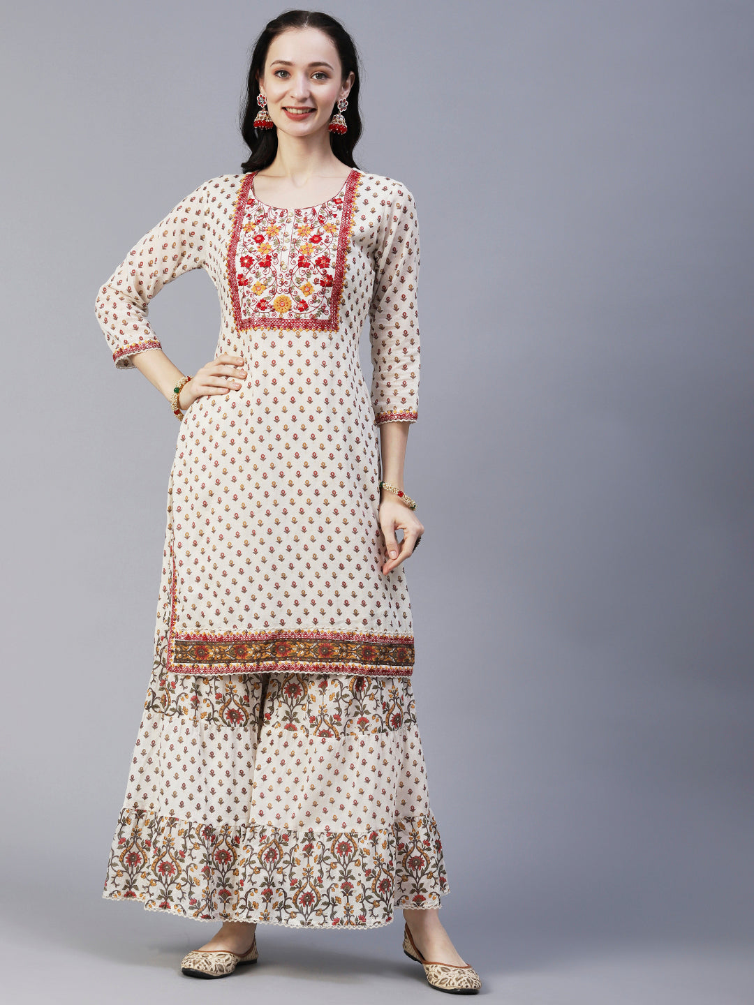 Floral Block Printed Mirror Embroidered Kurta With Printed Sharara & Dupatta - Off-White