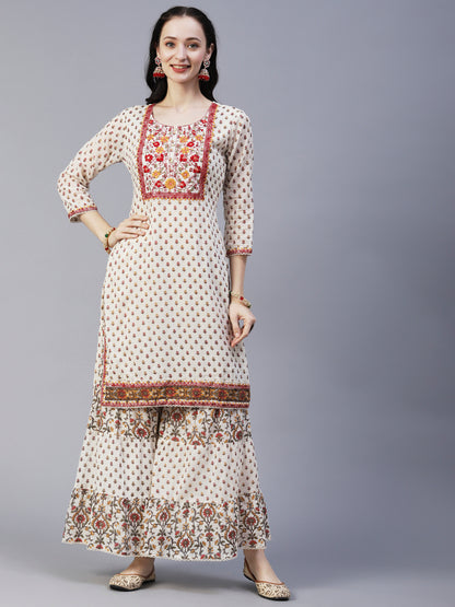 Floral Block Printed Mirror Embroidered Kurta With Printed Sharara & Dupatta - Off-White