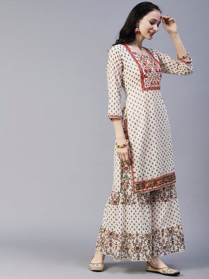 Floral Block Printed Mirror Embroidered Kurta With Printed Sharara & Dupatta - Off-White