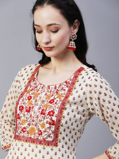 Floral Block Printed Mirror Embroidered Kurta With Printed Sharara & Dupatta - Off-White