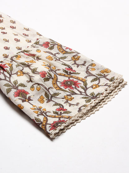 Floral Block Printed Mirror Embroidered Kurta With Printed Sharara & Dupatta - Off-White