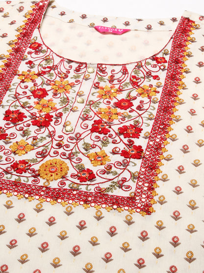 Floral Block Printed Mirror Embroidered Kurta With Printed Sharara & Dupatta - Off-White