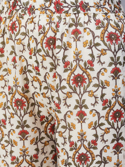 Floral Block Printed Mirror Embroidered Kurta With Printed Sharara & Dupatta - Off-White