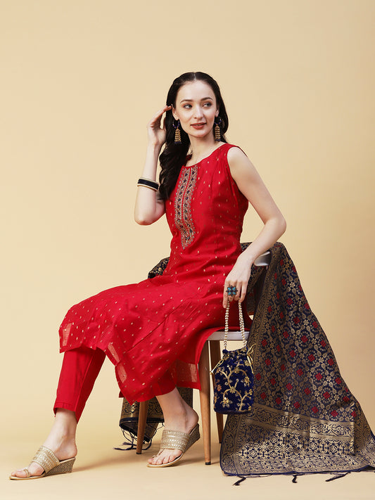 Woven Dobby & Hand Embroidered Straight Kurta with Pant 8 Dupatta - Red