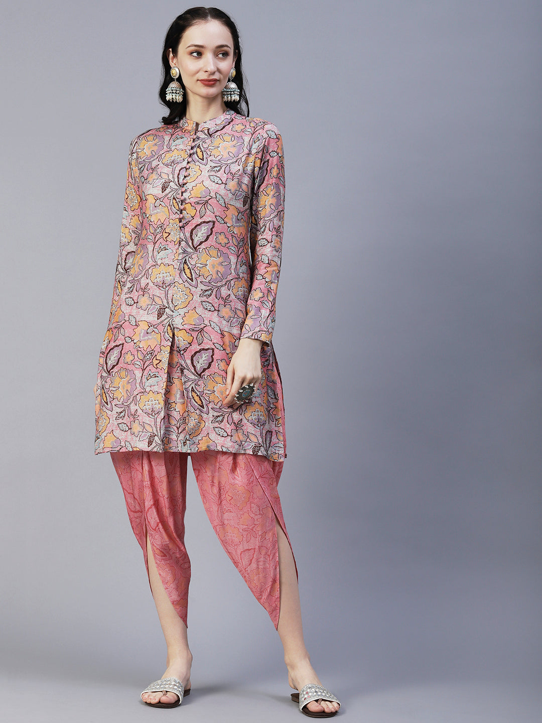 Abstract Floral Printed Straight Fit Kurta with Dhoti Pant - Pink