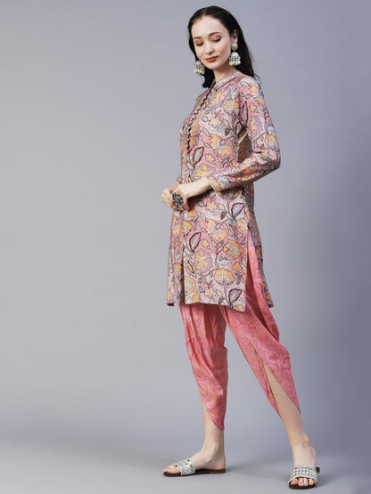 Abstract Floral Printed Straight Fit Kurta with Dhoti Pant - Pink