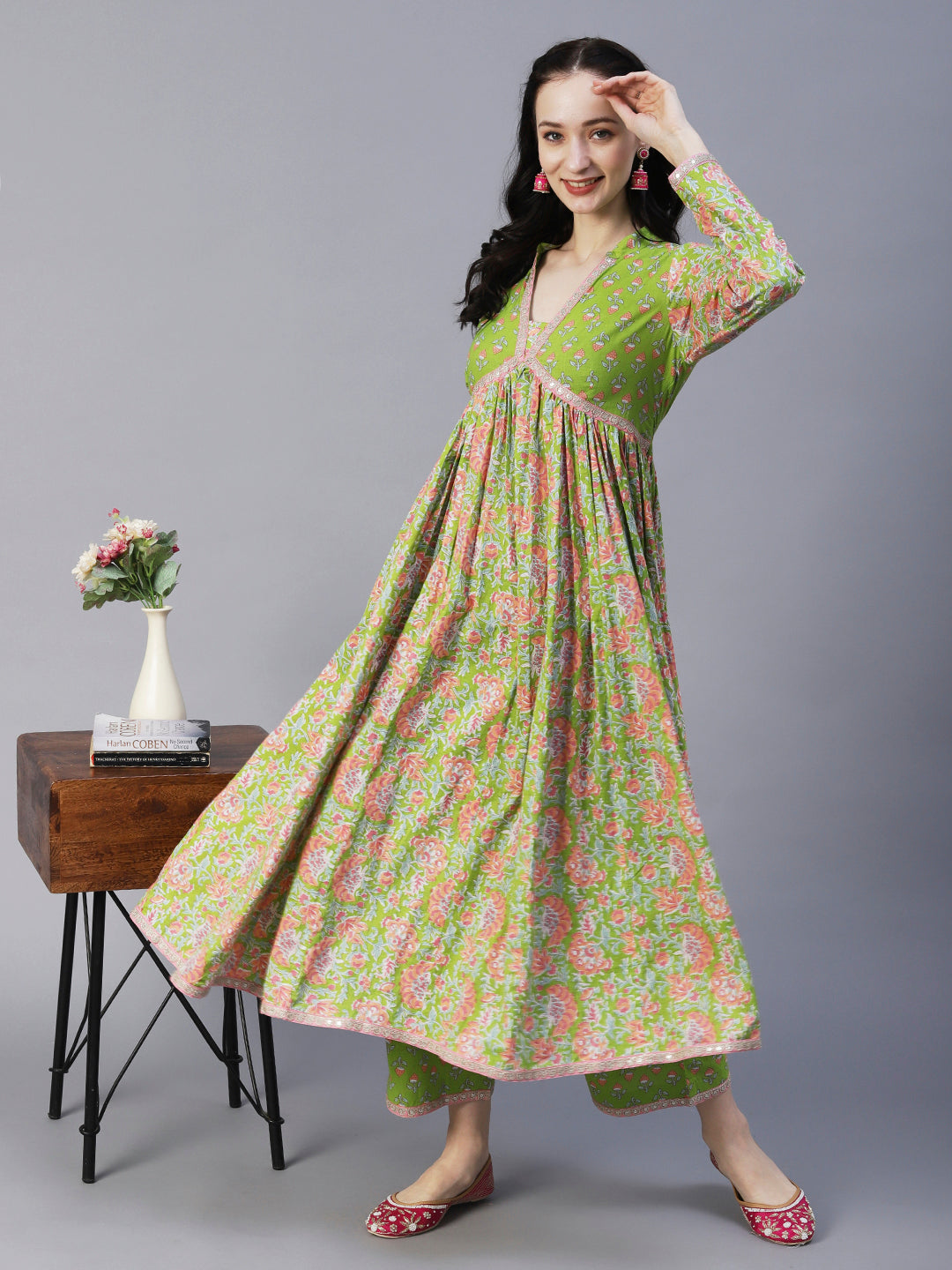 Ethnic Floral Printed & Sequin Work Gathered Anarkali Kurta with Palazzo  -Light Green