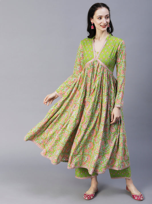 Ethnic Floral Printed & Sequin Work Gathered Anarkali Kurta with Palazzo -Light Green