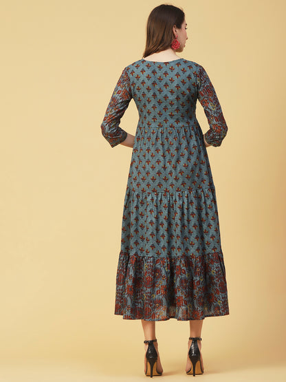 Floral Block Printed Mirror & Zari Embroidered Tiered Dress - Teal
