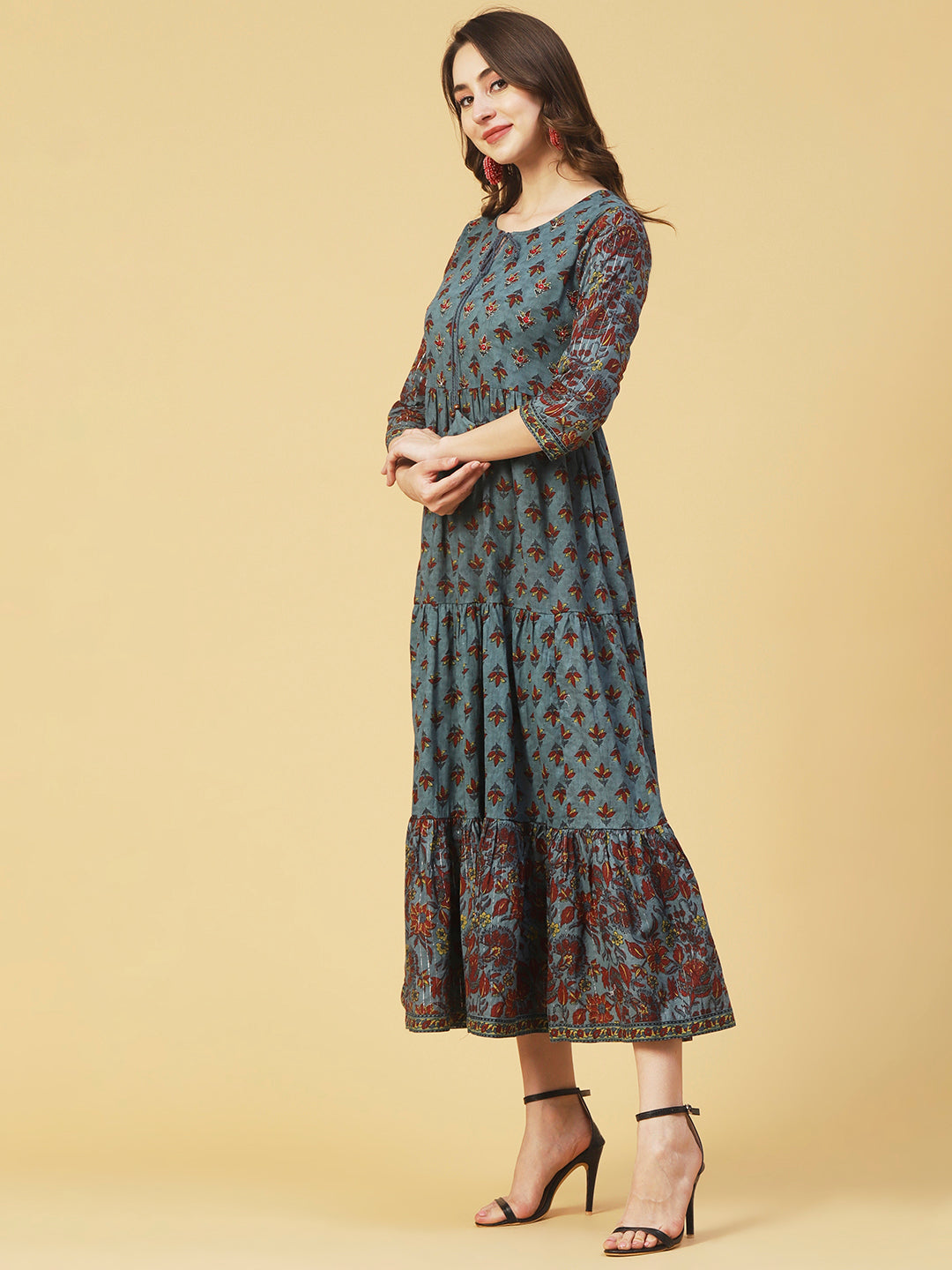 Floral Block Printed Mirror & Zari Embroidered Tiered Dress - Teal