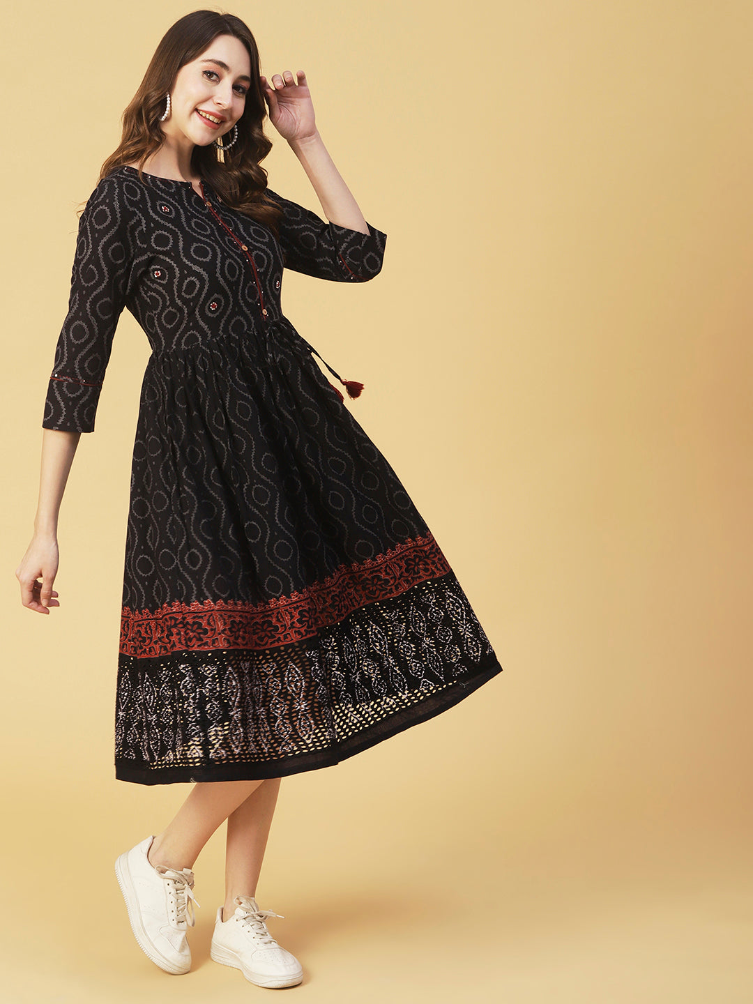 Ethnic Printed & Embroidered Fit & Flare Midi Dress - Deep Navy Blue