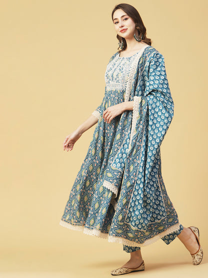 Ethnic Ikat Printed & Embroidered Anarkali Kurta with Pant & Dupatta - Blue