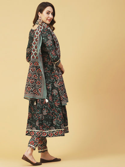 Ethnic Printed & Embroidered Anarkali Kurta with Pant & Dupatta - Dark Green
