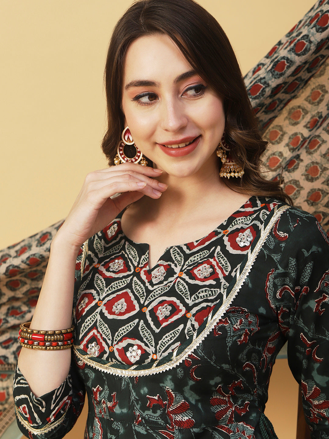 Ethnic Printed & Embroidered Anarkali Kurta with Pant & Dupatta - Dark Green