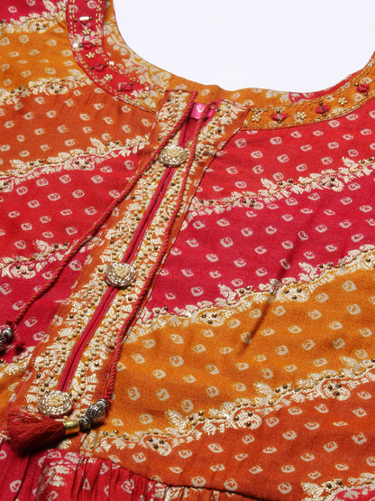 Ethnic Bandhani Printed & Embroidered A-Line Kurta with Pant & Dupatta - Magenta