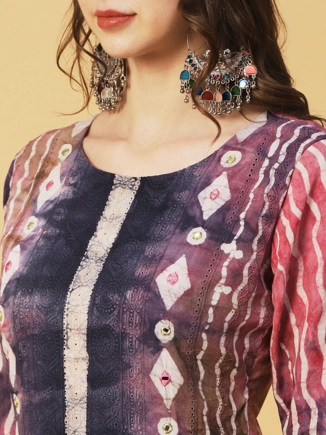 Abstract Batik Printed Mirror & Resham Embroidered Schiffili Kurta - Multi
