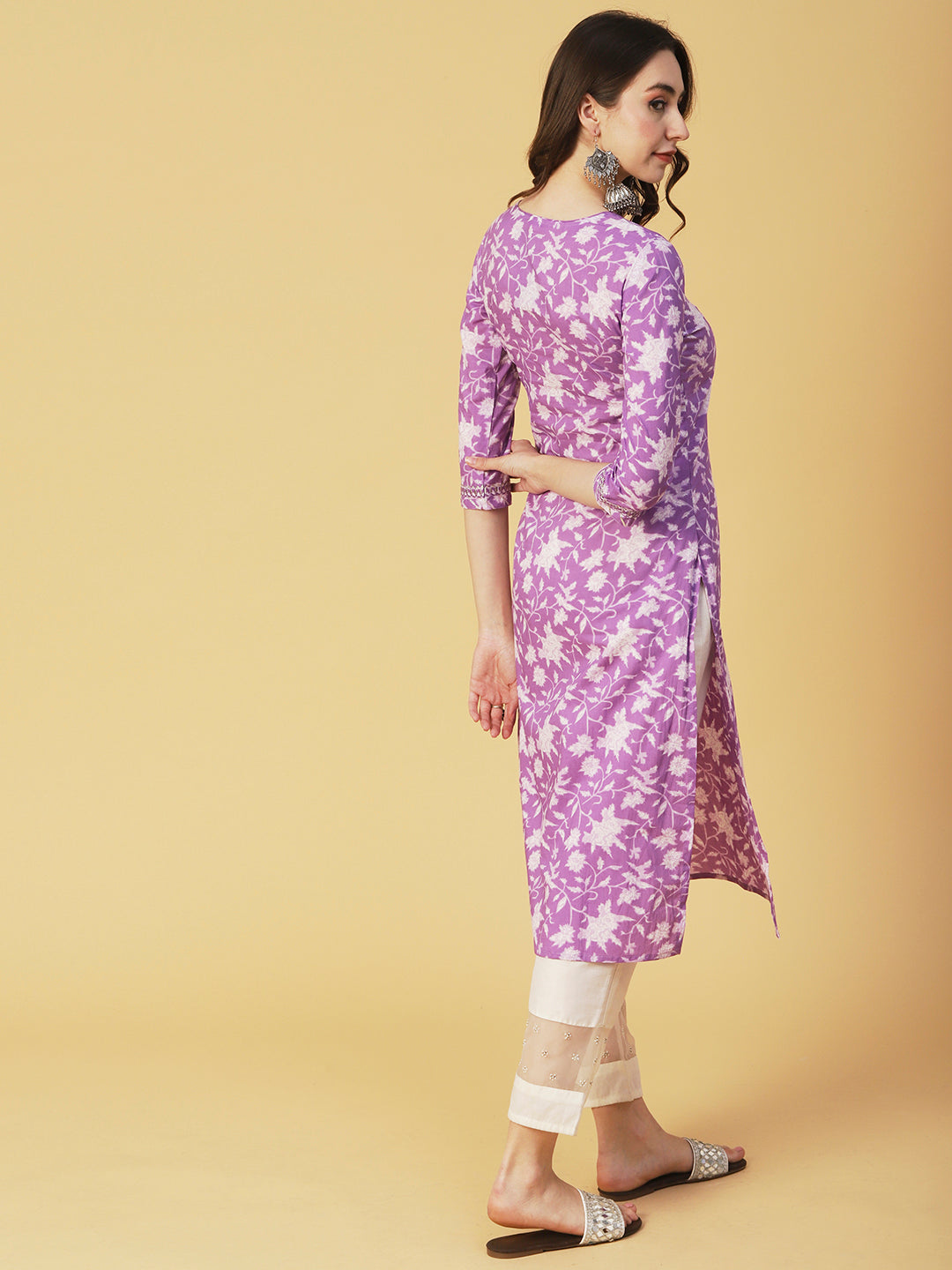 Floral Printed Zari & Resham Embroidered Gota Lace Ornamented Kurta - Purple