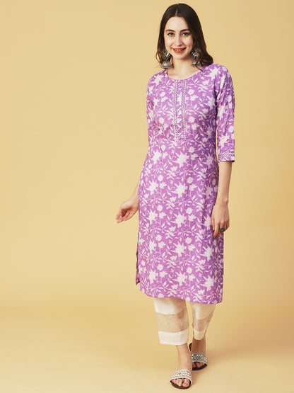 Floral Printed Zari & Resham Embroidered Gota Lace Ornamented Kurta - Purple