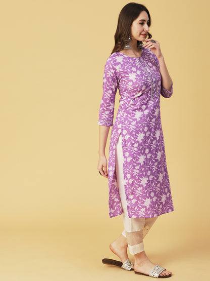 Floral Printed Zari & Resham Embroidered Gota Lace Ornamented Kurta - Purple