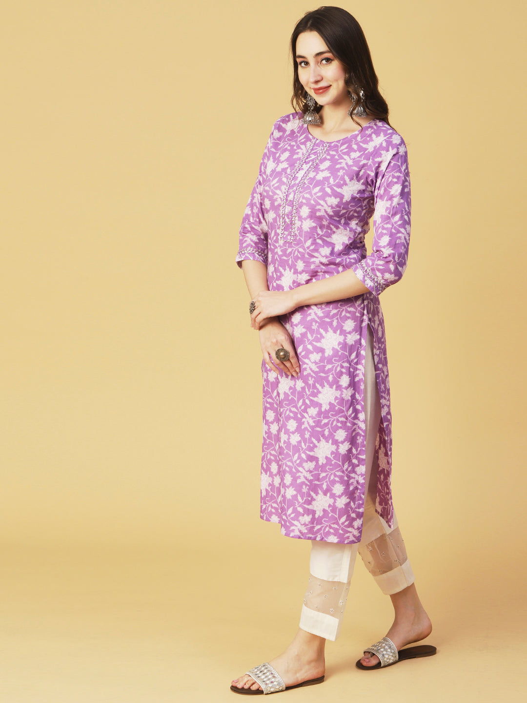 Floral Printed Zari & Resham Embroidered Gota Lace Ornamented Kurta - Purple