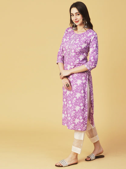 Floral Printed Zari & Resham Embroidered Gota Lace Ornamented Kurta - Purple