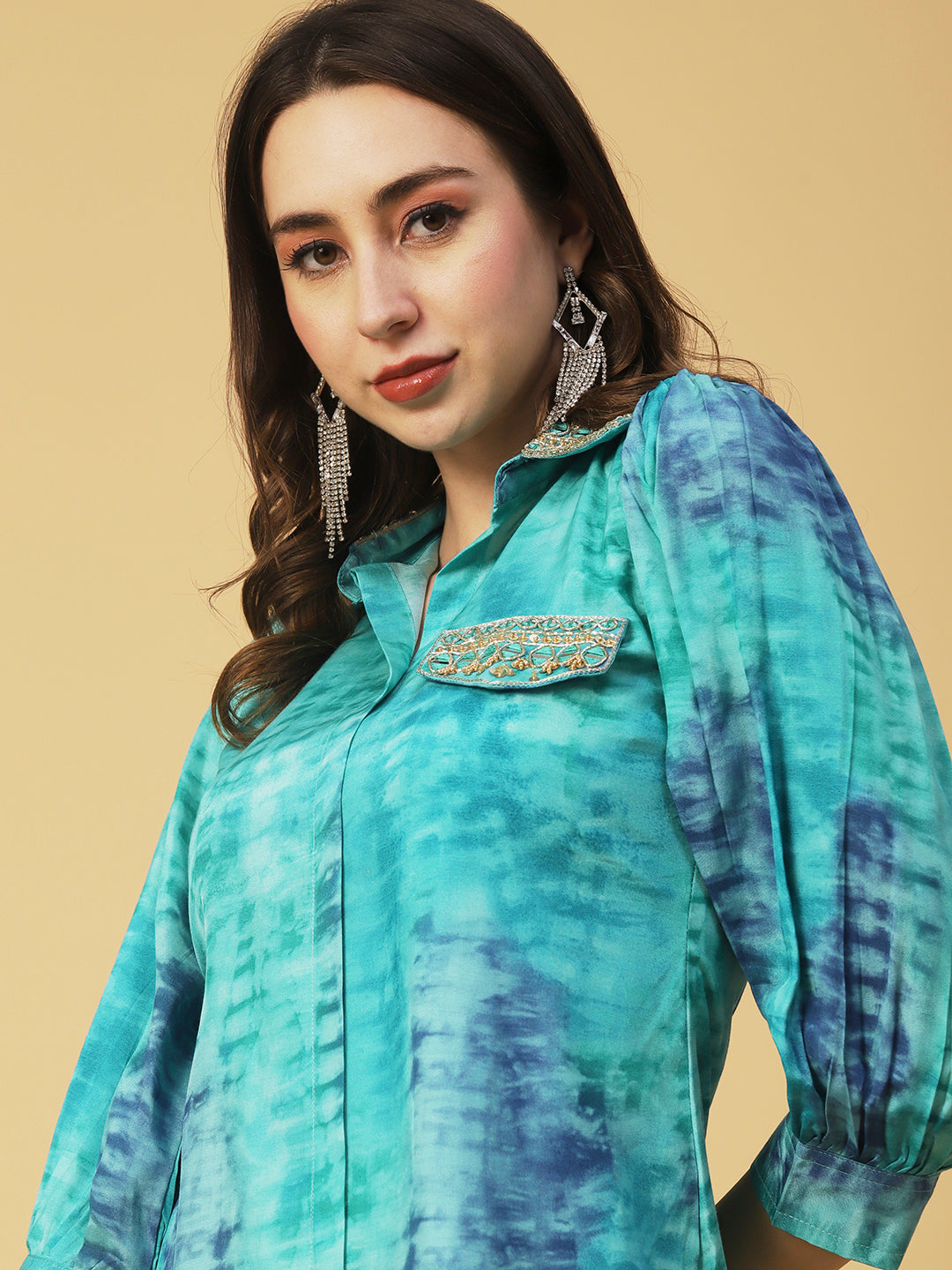 Shibori Printed Mirror & Zardozi Embroidered Asymmetric Hem Shirt With Pants - Sea Green