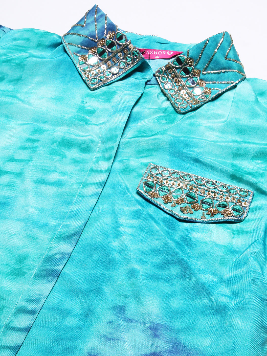 Shibori Printed Mirror & Zardozi Embroidered Asymmetric Hem Shirt With Pants - Sea Green