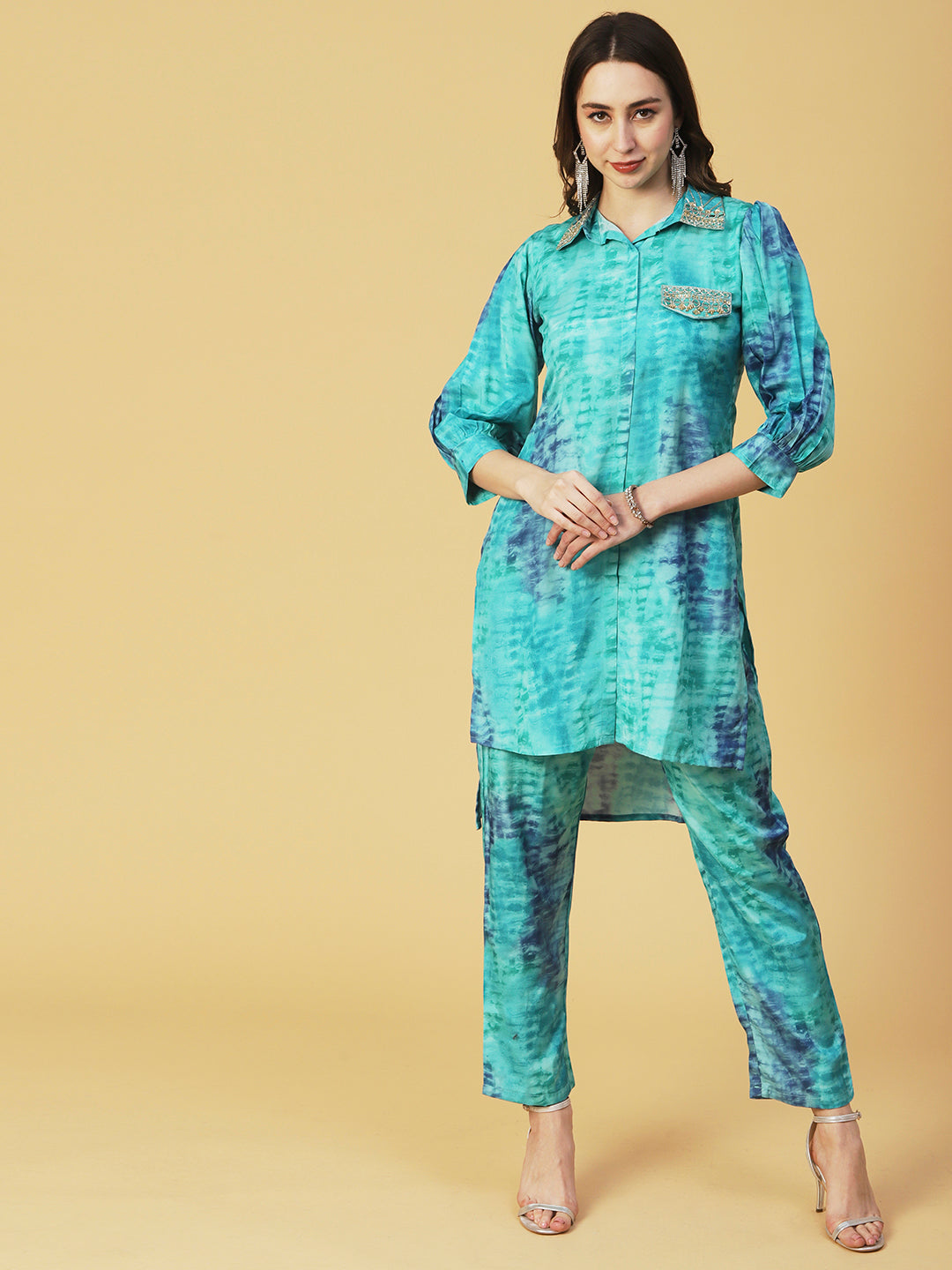 Shibori Printed Mirror & Zardozi Embroidered Asymmetric Hem Shirt With Pants - Sea Green