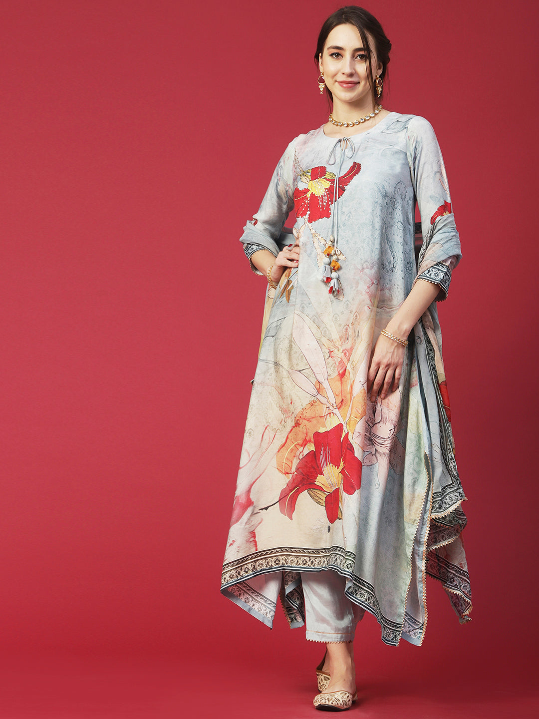 Floral Printed Mukaish Hot Fix Embroidered Kurta With Pants & Dupatta - Powder Blue & Multi