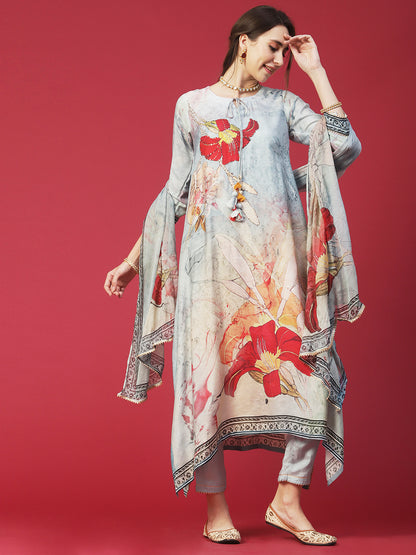 Floral Printed Mukaish Hot Fix Embroidered Kurta With Pants & Dupatta - Powder Blue & Multi