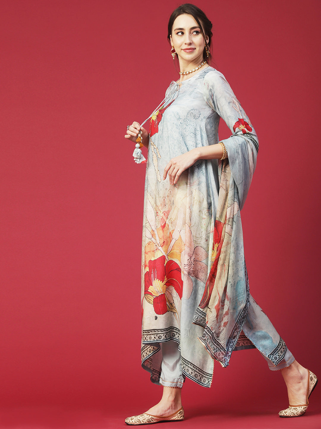 Floral Printed Mukaish Hot Fix Embroidered Kurta With Pants & Dupatta - Powder Blue & Multi