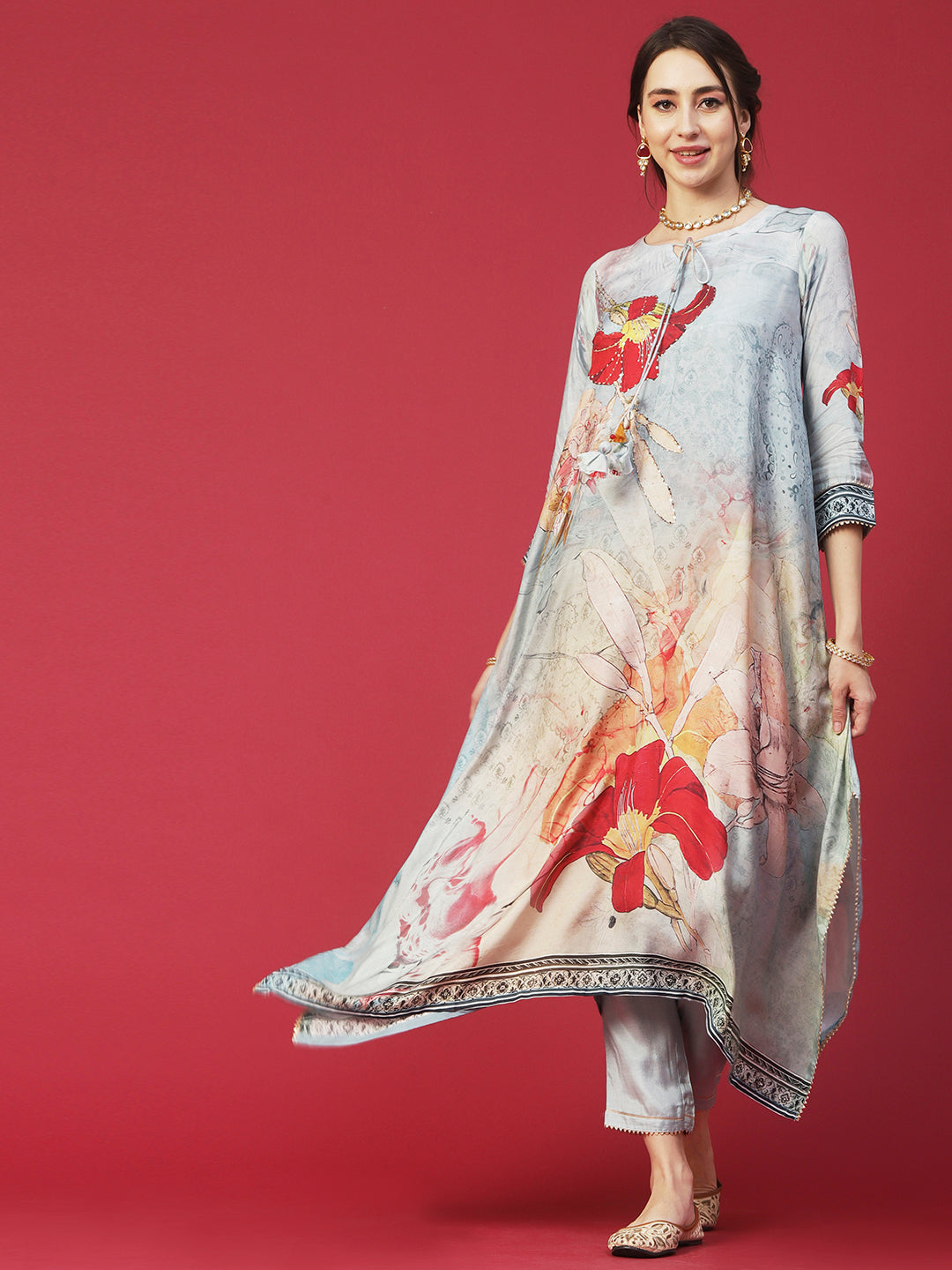 Floral Printed Mukaish Hot Fix Embroidered Kurta With Pants & Dupatta - Powder Blue & Multi