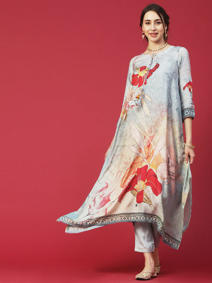 Floral Printed Mukaish Hot Fix Embroidered Kurta With Pants & Dupatta - Powder Blue & Multi