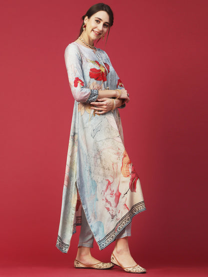 Floral Printed Mukaish Hot Fix Embroidered Kurta With Pants & Dupatta - Powder Blue & Multi