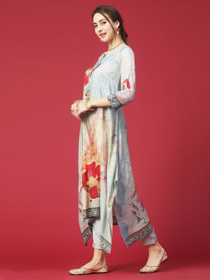 Floral Printed Mukaish Hot Fix Embroidered Kurta With Pants & Dupatta - Powder Blue & Multi