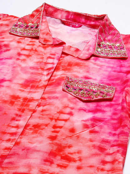 Shibori Printed Mirror & Zardozi Embroidered High Low Hem Shirt With Pants - Peach