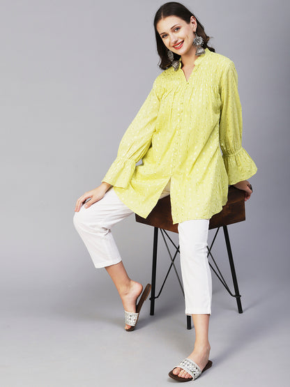 Solid Resham Embroidered Bell Sleeves Smocked Short Kurta - Yellow