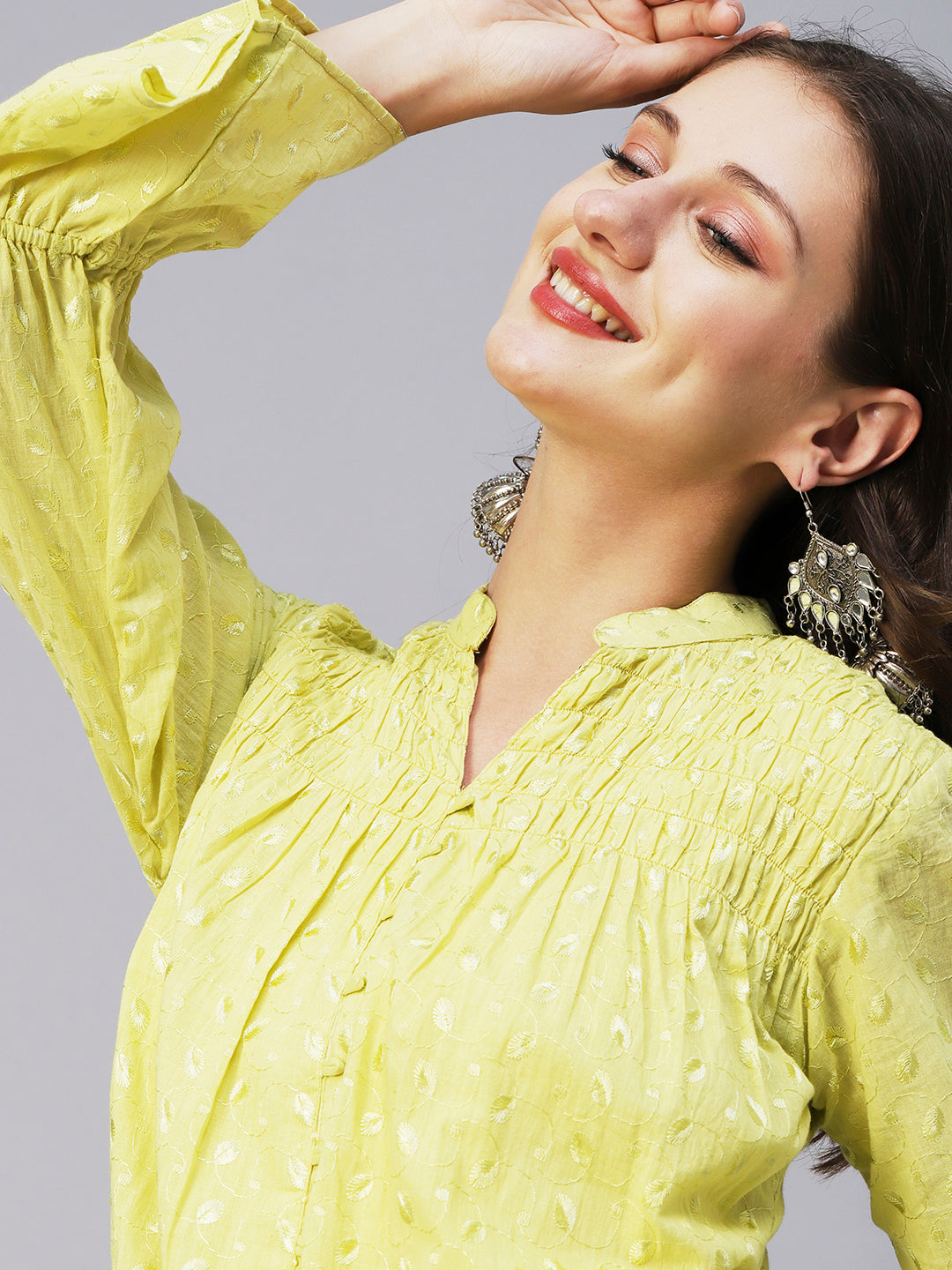 Solid Resham Embroidered Bell Sleeves Smocked Short Kurta - Yellow