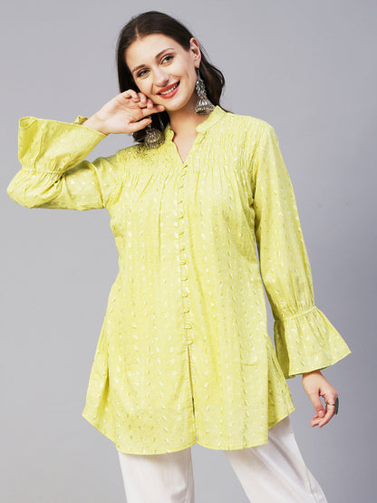 Solid Resham Embroidered Bell Sleeves Smocked Short Kurta - Yellow